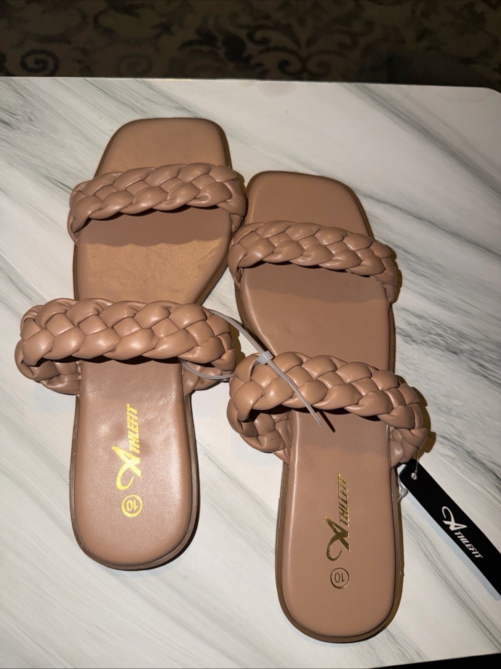 Braided Double-Strap Slide Sandals in Taupe